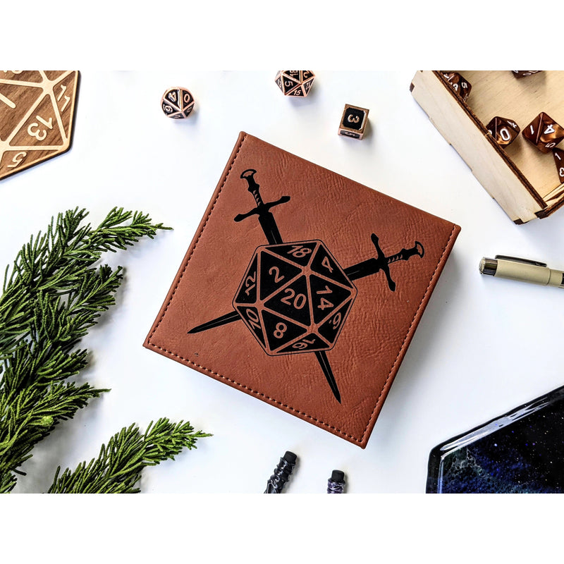 North to South: Dice Box - D20 Swords (Vegan Leather)