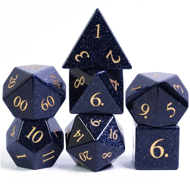 Foam Brain Games: RPG Gemstone Dice Set - Blue Goldstone Engraved with Gold