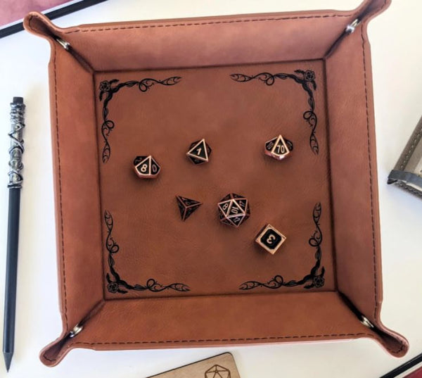 North to South: Dice Tray - Dragon Border (Chestnut, Vegan Leather)